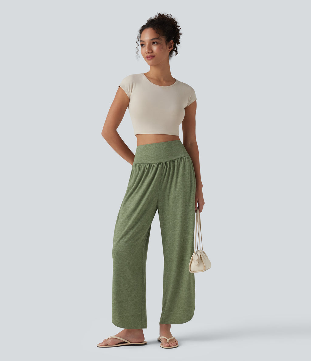 High Waisted Tummy Control Curved Hem Casual Trousers with Pockets — Light Green Floral Yarn — view 6