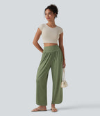High Waisted Tummy Control Curved Hem Casual Trousers with Pockets — Light Green Floral Yarn — view 6