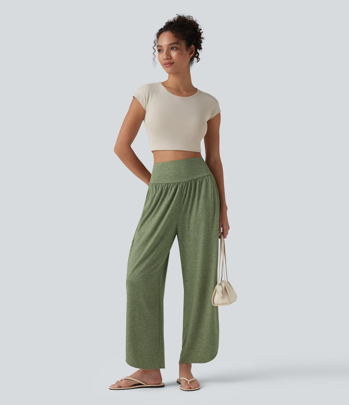 High Waisted Tummy Control Curved Hem Casual Trousers with Pockets — Light Green Floral Yarn — view 6