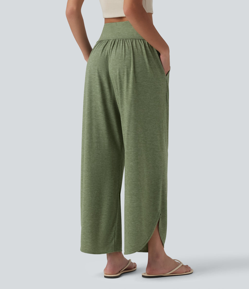 High Waisted Tummy Control Curved Hem Casual Trousers with Pockets — Light Green Floral Yarn — view 2