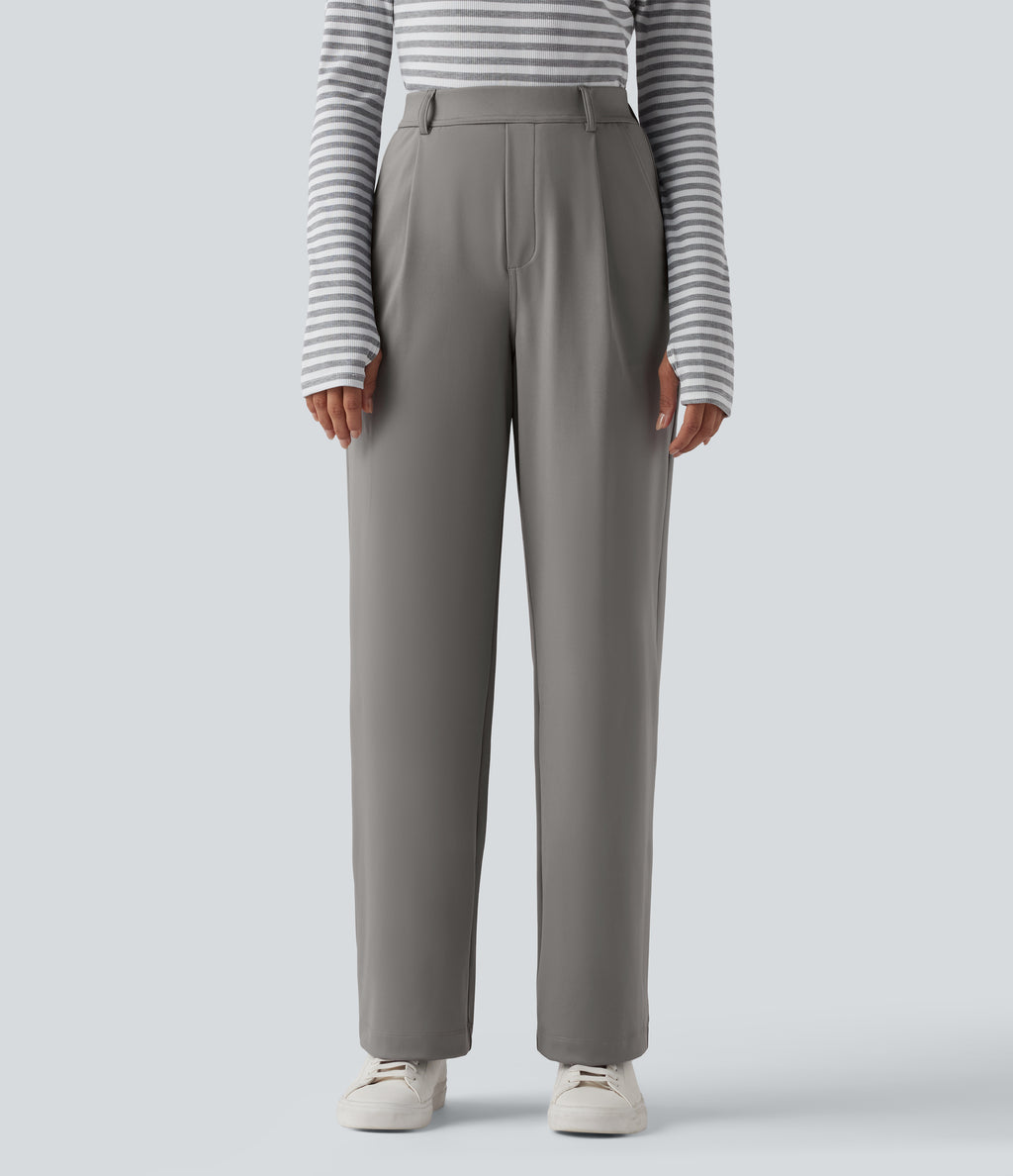 High Waisted Slim Straight Leg Work Trousers with Pockets — Silent Storm — view 2