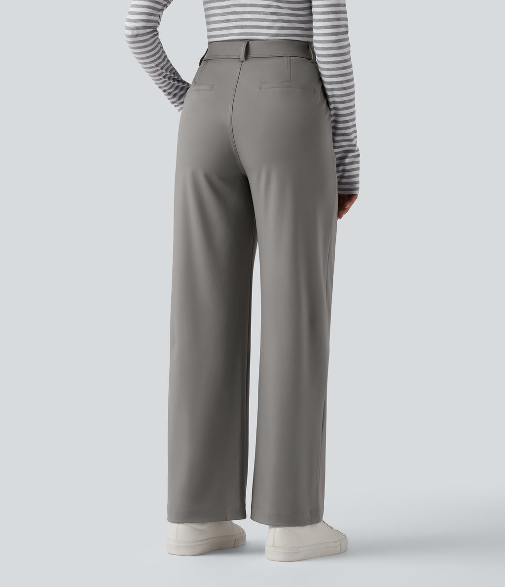 High Waisted Slim Straight Leg Work Trousers with Pockets — Silent Storm — view 1