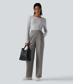 High Waisted Slim Straight Leg Work Trousers with Pockets — Silent Storm — view 6
