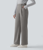 High Waisted Slim Straight Leg Work Trousers with Pockets — Silent Storm — view 3
