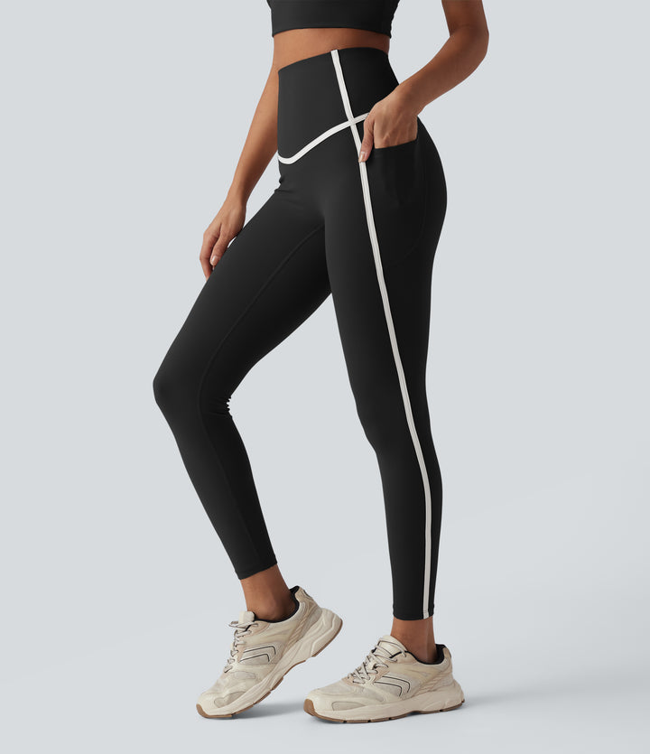 High Waisted Tummy Control Color Block Yoga 7/8 Leggings with Pockets — Black — view 1