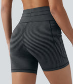 High Waisted Drawstring Striped Yoga Biker Shorts 5'' with Pockets — Steel Stripe — view 6