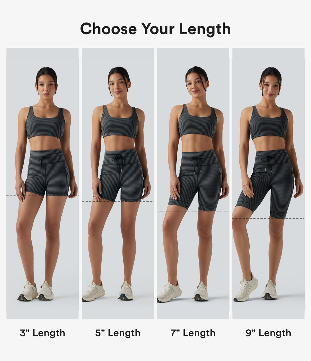 High Waisted Drawstring Striped Yoga Biker Shorts 5'' with Pockets — Steel Stripe — view 2