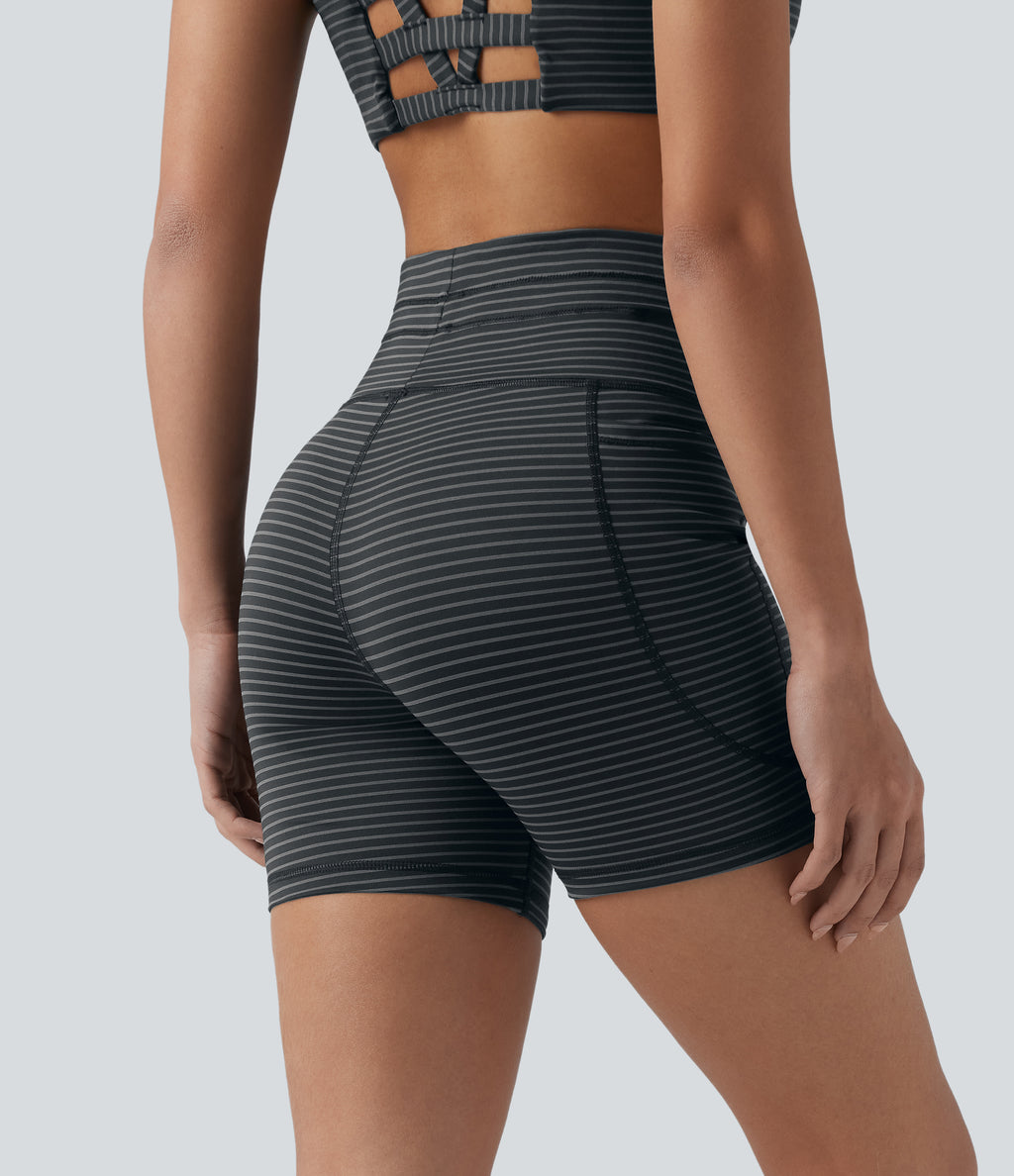 High Waisted Drawstring Striped Yoga Biker Shorts 5'' with Pockets — Steel Stripe — view 3