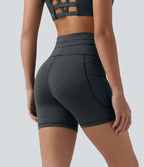 High Waisted Drawstring Striped Yoga Biker Shorts 5'' with Pockets — Steel Stripe — view 3