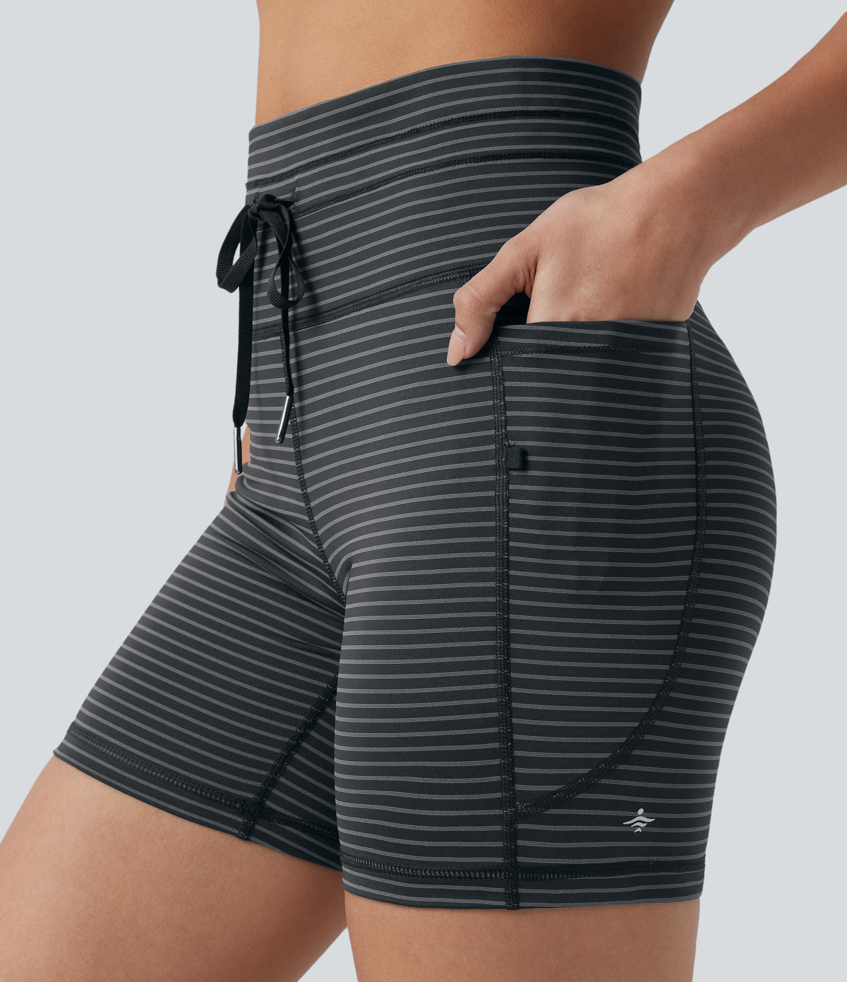 High Waisted Drawstring Striped Yoga Biker Shorts 5'' with Pockets — Steel Stripe — view 5