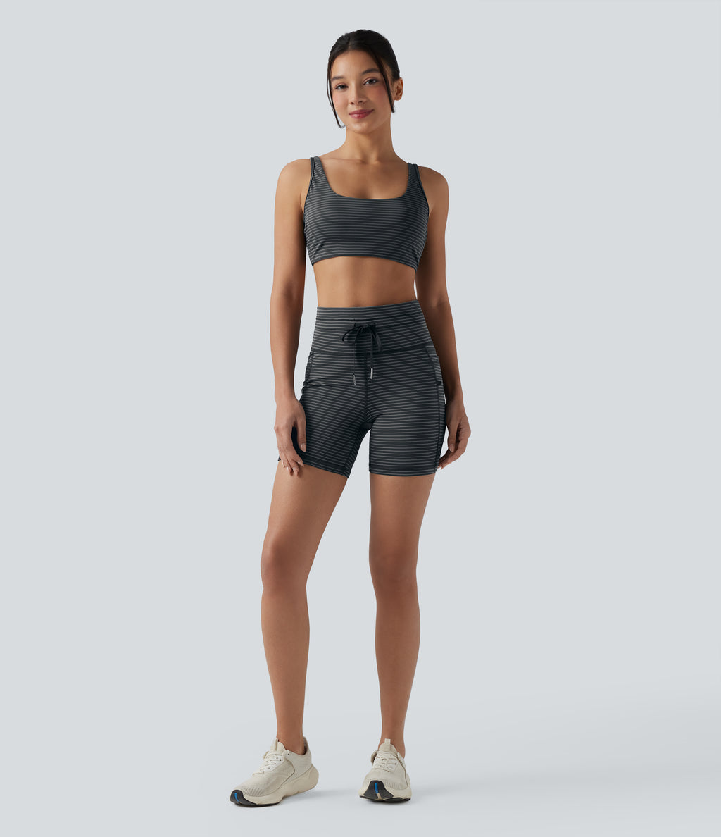 High Waisted Drawstring Striped Yoga Biker Shorts 5'' with Pockets — Steel Stripe — view 7