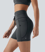 High Waisted Drawstring Striped Yoga Biker Shorts 5'' with Pockets — Steel Stripe — view 1