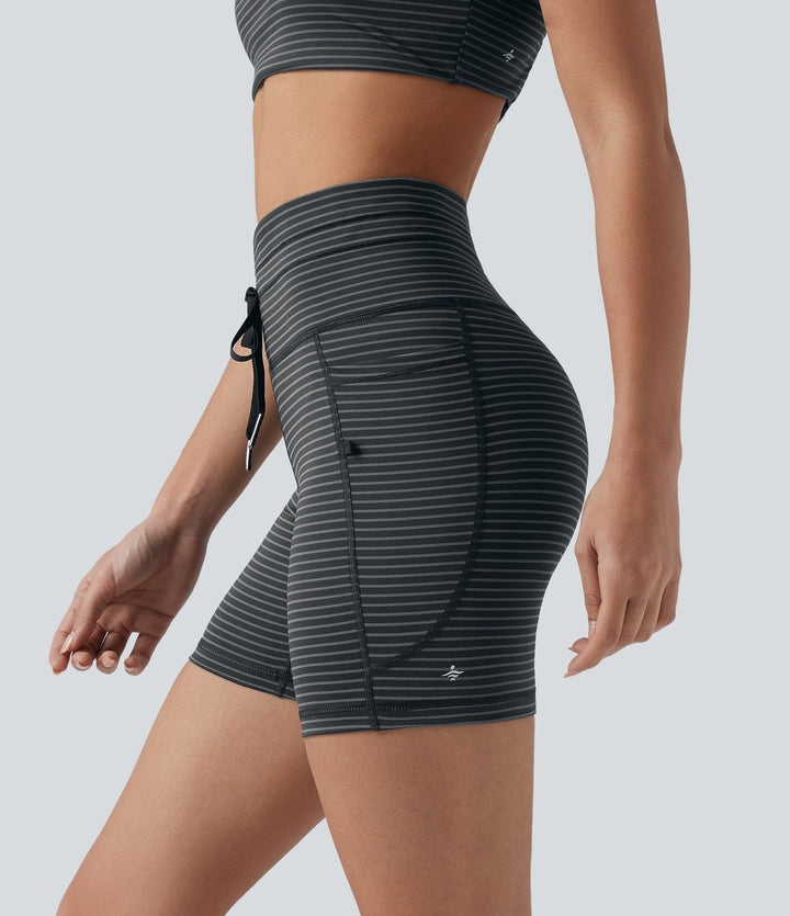 High Waisted Drawstring Striped Yoga Biker Shorts 5'' with Pockets — Steel Stripe — view 1