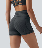 High Waisted Drawstring Striped Yoga Biker Shorts 3'' with Pockets — Steel Stripe — view 3