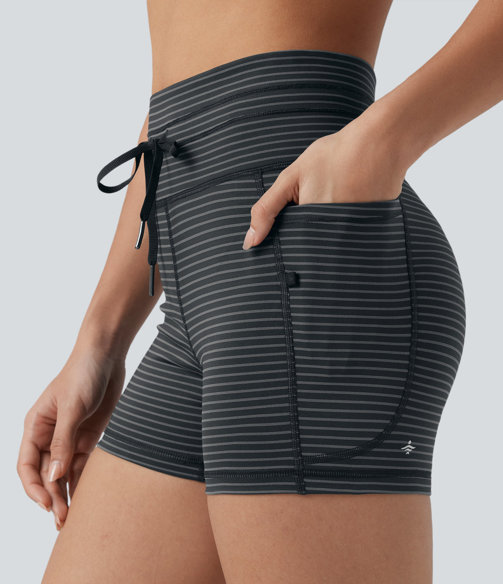 High Waisted Drawstring Striped Yoga Biker Shorts 3'' with Pockets — Steel Stripe — view 5