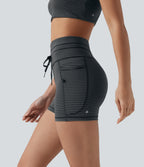 High Waisted Drawstring Striped Yoga Biker Shorts 3'' with Pockets — Steel Stripe — view 1