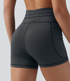 High Waisted Drawstring Striped Yoga Biker Shorts 3'' with Pockets — Steel Stripe — view 6