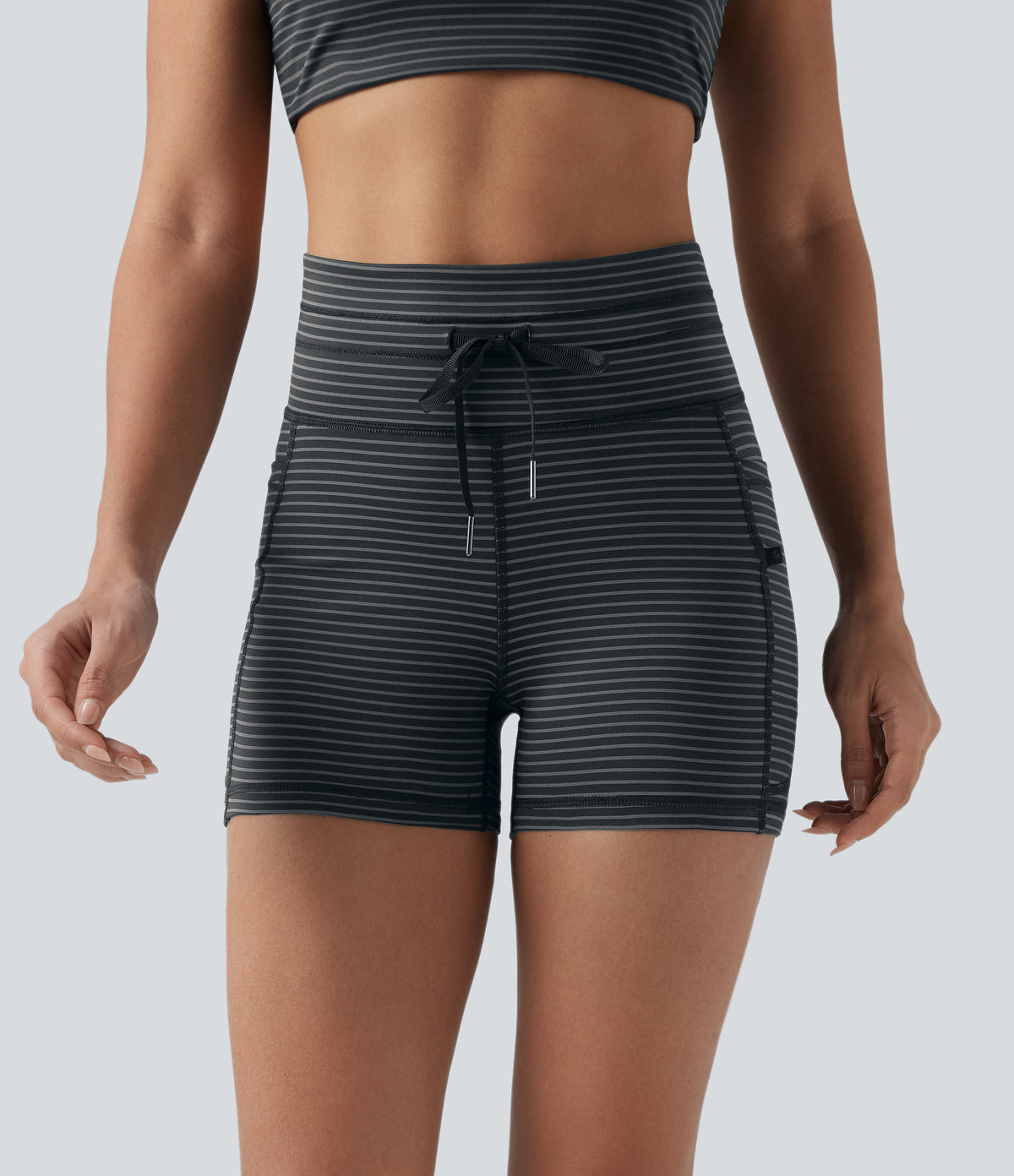 High Waisted Drawstring Striped Yoga Biker Shorts 3'' with Pockets — Steel Stripe — view 4