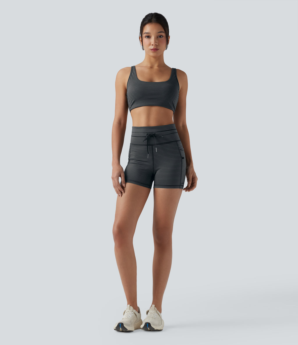 High Waisted Drawstring Striped Yoga Biker Shorts 3'' with Pockets — Steel Stripe — view 7