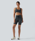 High Waisted Drawstring Striped Yoga Biker Shorts 7'' with Pockets — Steel Stripe — view 7