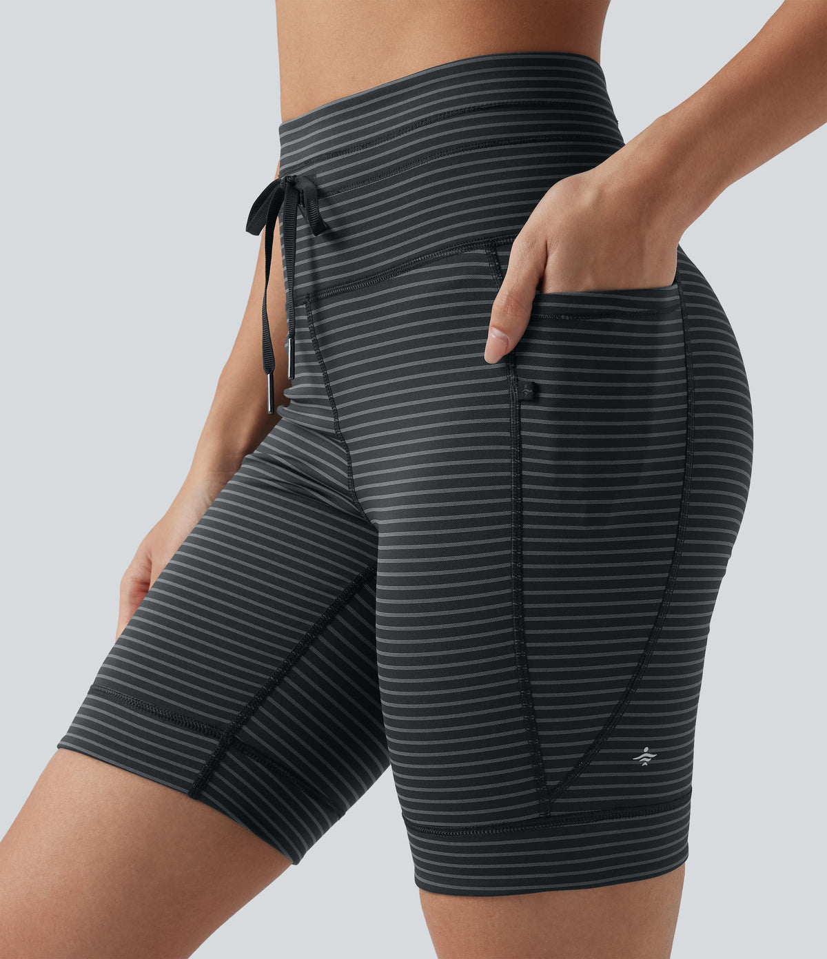 High Waisted Drawstring Striped Yoga Biker Shorts 7'' with Pockets — Steel Stripe — view 5