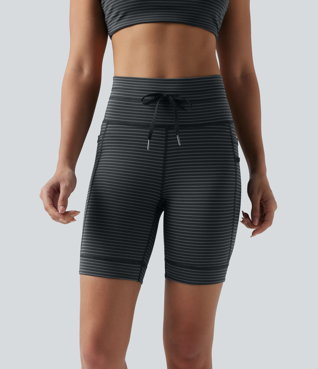 High Waisted Drawstring Striped Yoga Biker Shorts 7'' with Pockets — Steel Stripe — view 4