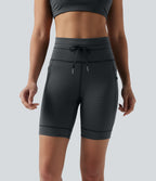 High Waisted Drawstring Striped Yoga Biker Shorts 7'' with Pockets — Steel Stripe — view 4