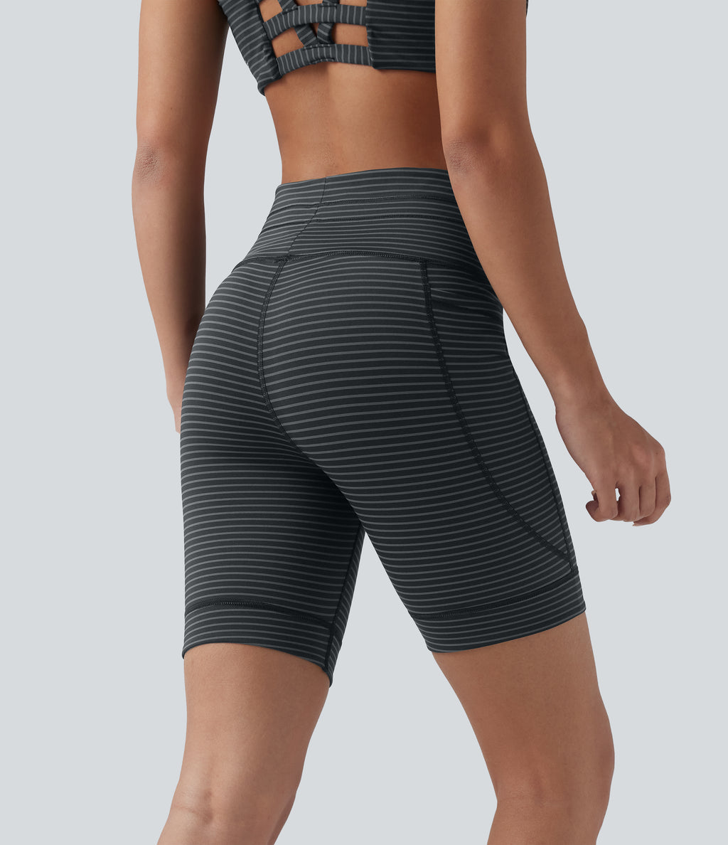 High Waisted Drawstring Striped Yoga Biker Shorts 7'' with Pockets — Steel Stripe — view 3