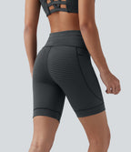 High Waisted Drawstring Striped Yoga Biker Shorts 7'' with Pockets — Steel Stripe — view 3