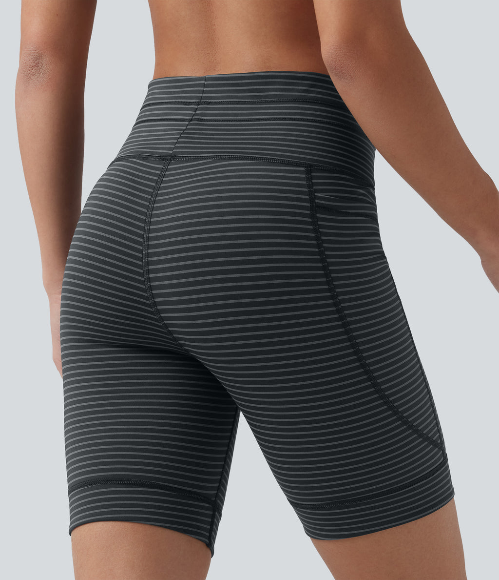 High Waisted Drawstring Striped Yoga Biker Shorts 7'' with Pockets — Steel Stripe — view 6