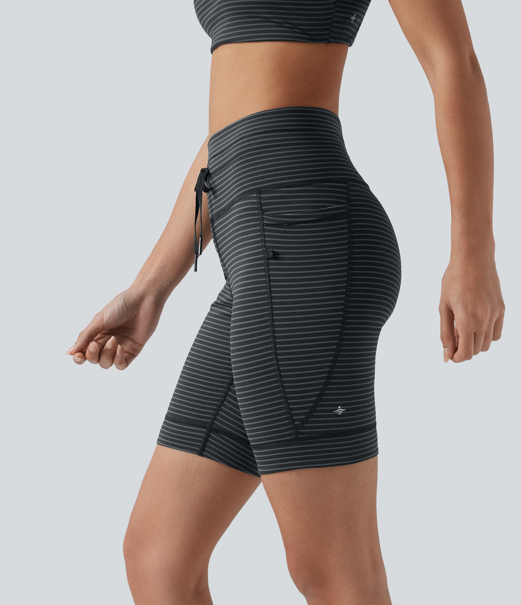 High Waisted Drawstring Striped Yoga Biker Shorts 7'' with Pockets — Steel Stripe — view 1