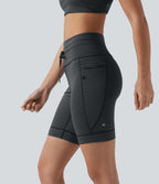 High Waisted Drawstring Striped Yoga Biker Shorts 7'' with Pockets — Steel Stripe — view 1