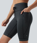 High Waisted Drawstring Striped Yoga Biker Shorts 9'' with Pockets — Steel Stripe — view 5