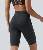 High Waisted Drawstring Striped Yoga Biker Shorts 9'' with Pockets — Steel Stripe — view 3