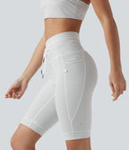 High Waisted Drawstring Striped Yoga Biker Shorts 9'' with Pockets — Zebra Ripple — view 8