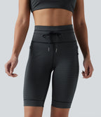 High Waisted Drawstring Striped Yoga Biker Shorts 9'' with Pockets — Steel Stripe — view 4