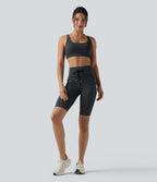 High Waisted Drawstring Striped Yoga Biker Shorts 9'' with Pockets — Steel Stripe — view 7