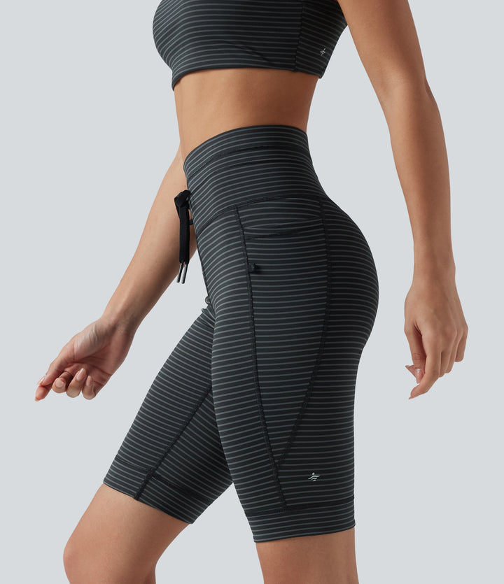 High Waisted Drawstring Striped Yoga Biker Shorts 9'' with Pockets — Steel Stripe — view 1