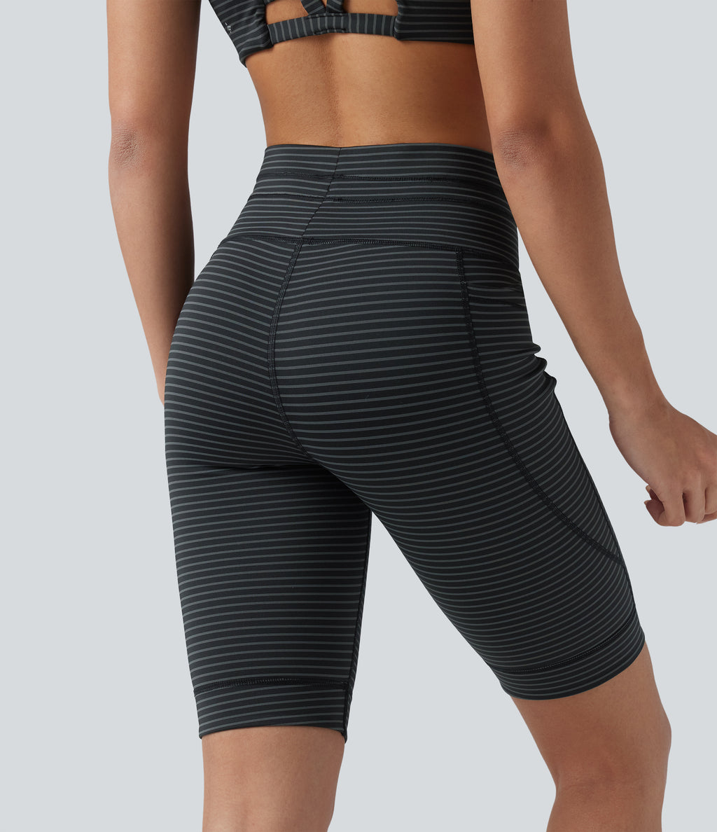 High Waisted Drawstring Striped Yoga Biker Shorts 9'' with Pockets — Steel Stripe — view 6