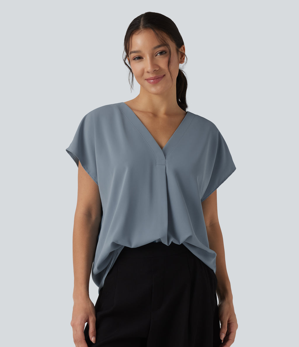 Wrinkle Recovery V-neck Short Sleeve Oversized Work Blouse — Mountain Spring — view 3