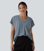 Wrinkle Recovery V-neck Short Sleeve Oversized Work Blouse — Mountain Spring — view 3
