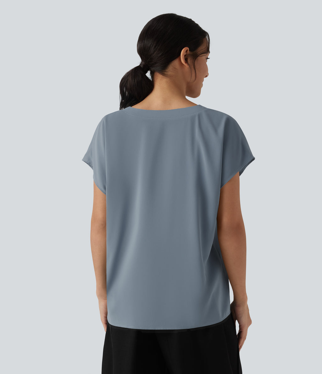 Wrinkle Recovery V-neck Short Sleeve Oversized Work Blouse — Mountain Spring — view 2