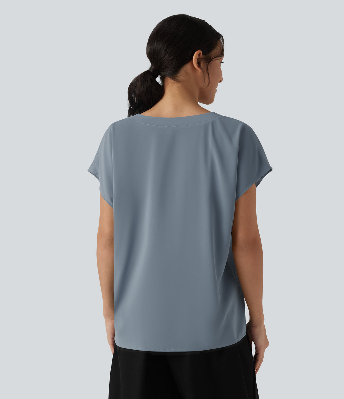 Wrinkle Recovery V-neck Short Sleeve Oversized Work Blouse — Mountain Spring — view 2