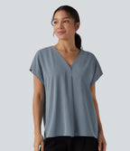 Wrinkle Recovery V-neck Short Sleeve Oversized Work Blouse — Mountain Spring — view 6