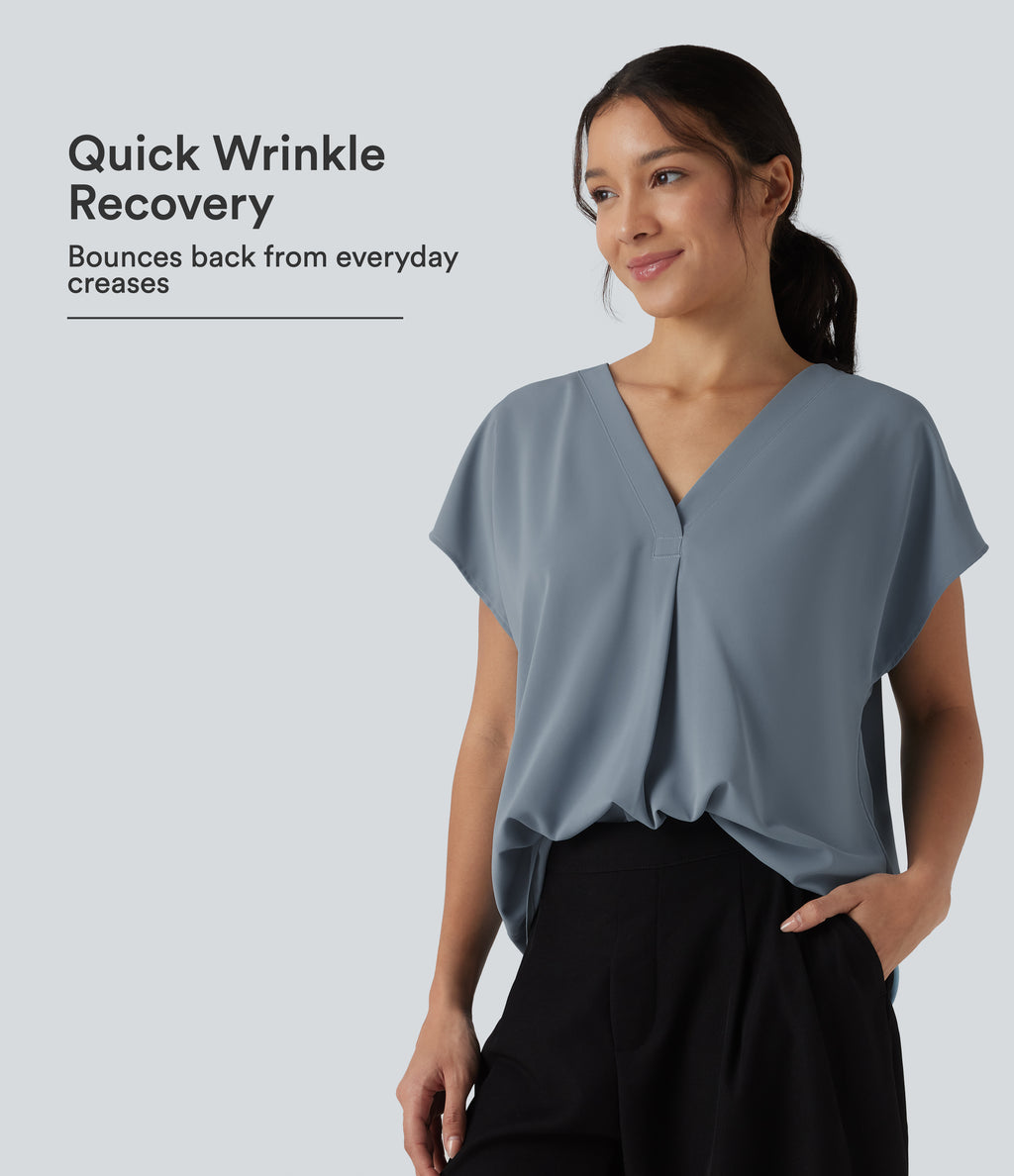 Wrinkle Recovery V-neck Short Sleeve Oversized Work Blouse — Mountain Spring — view 1