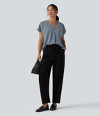 Wrinkle Recovery V-neck Short Sleeve Oversized Work Blouse — Mountain Spring — view 7