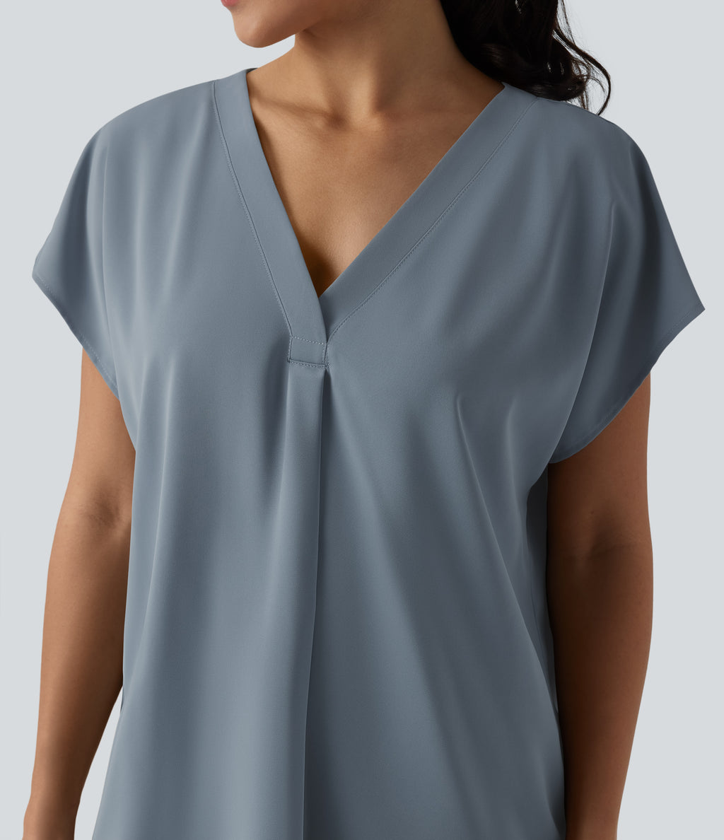 Wrinkle Recovery V-neck Short Sleeve Oversized Work Blouse — Mountain Spring — view 5