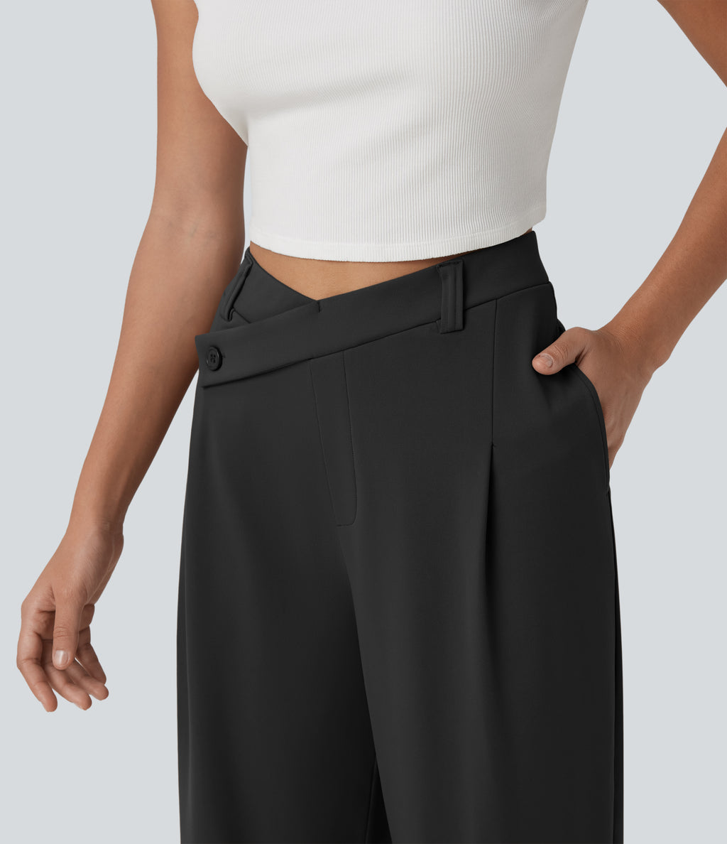 Asymmetric High Waisted Work Straight Leg Trousers with Pockets — Black — view 4
