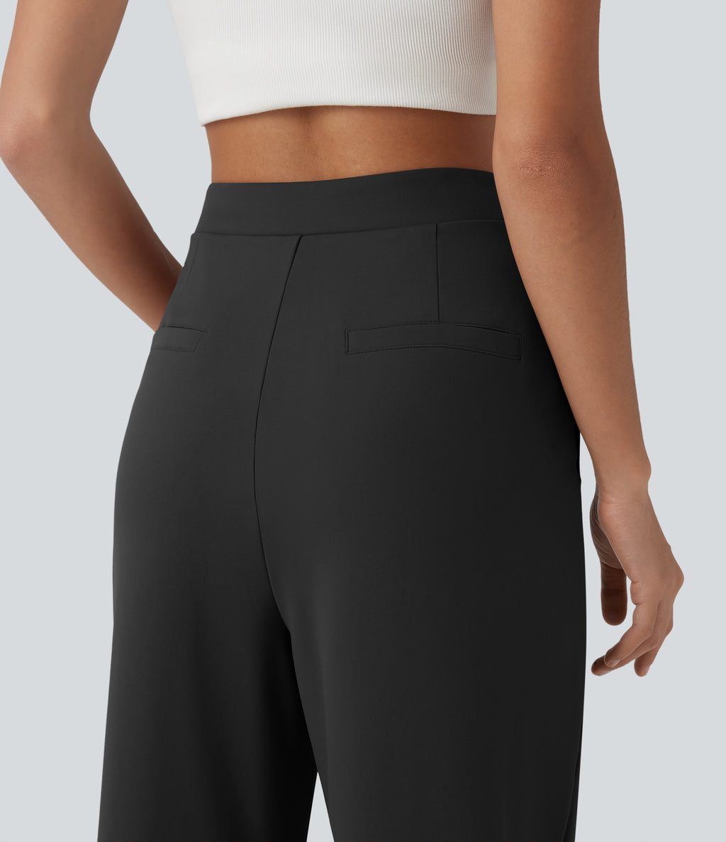 Asymmetric High Waisted Work Straight Leg Trousers with Pockets — Black — view 5