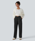 Asymmetric High Waisted Work Straight Leg Trousers with Pockets — Black — view 6